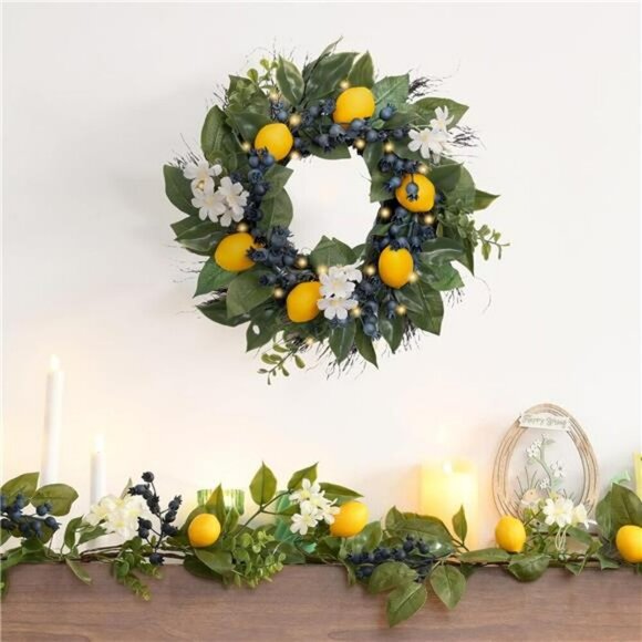 Lemon Wreath with Lights 16in Spring Summer Front Door Decor with Greenery - Picture 2 of 7